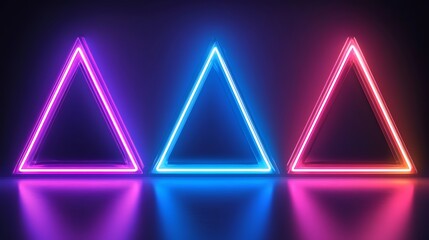 Three Neon Triangles Illuminate Dark Background