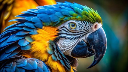 Fototapeta premium Vibrant Blue and Gold Macaw Close-Up: Exotic Bird Portrait