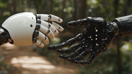 Two robotic hands reaching towards each other in a natural setting, symbolizing connection and technology.