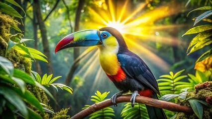 Vibrant Blue-and-Yellow Billed Toucan in Lush Rainforest Canopy - Aerial Drone Shot