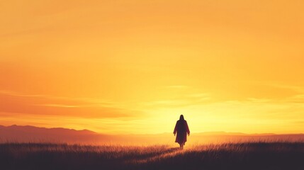 Fototapeta premium Illustrative banner featuring Jesus Christ walking peacefully, set against a glowing horizon with a calm and minimalist design space