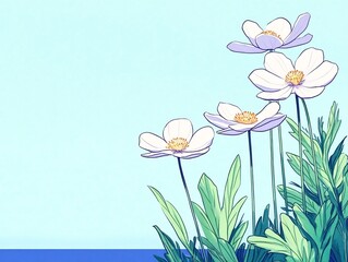 Naklejka premium Delicate White Flowers Bloom Gently Near a Calm Ocean: Softly Illustrated Botanical Art. AI Generated