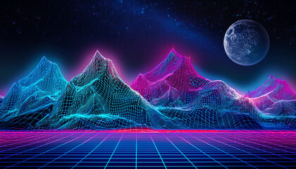 A vibrant, neon landscape features glowing mountains under a starry sky, showcasing a retro-futuristic style with a grid foreground and a luminous moon.