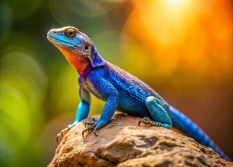 Obraz premium Vibrant Blue-Tailed Lizard Posing on Rock, Copy Space