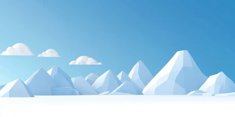3D render of simple geometric shapes, simple ice mountains in the background, simple flat design, simple illustration, low-poly style, low resolution, low detail, no shadows, low contrast, blue sky, w