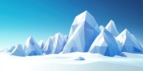 3D render of simple geometric shapes, simple ice mountains in the background, simple flat design, simple illustration, low-poly style, low resolution, low detail, no shadows, low contrast, blue sky, w