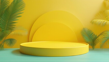 Fototapeta premium Yellow Podium, Palm Leaves, Summer Mockup - Minimalism