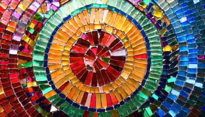 A vibrant mosaic featuring concentric circular patterns of colorful glass tiles in various shades.