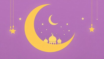 Fototapeta premium Ramadan greeting card with mosque silhouette and crescent moon. Ramadan kareem Space Text. Eid. Islamic design with ornament islamic.