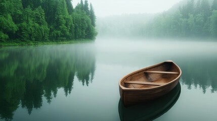 Obraz premium Tranquil Wooden Boat on Calm Misty Lake Surrounded by Lush Forest
