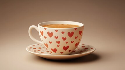 Charming Coffee Cup with Heart Pattern on Plate Perfect for Valentine's Day Celebration and Romantic Moments in Soft Light