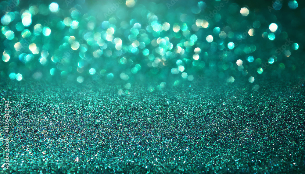 Poster a mesmerizing turquoise background filled with sparkling glitter and soft bokeh effects, perfect for