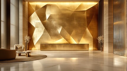 Geometric gold wall with intricate triangular patterns and a matching gold floor, ideal for luxurious and modern interior design themes