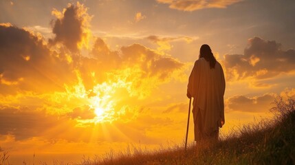 Fototapeta premium Jesus Christ standing gracefully, holding a wooden cane, silhouetted against a vibrant sunset sky with warm golden hues and soft light rays