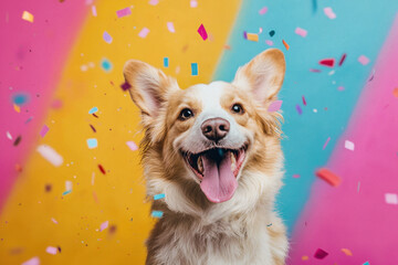 Happy dog with confetti on colorful background, celebrating joyfully. This playful scene captures essence of fun and excitement, perfect for pet lovers