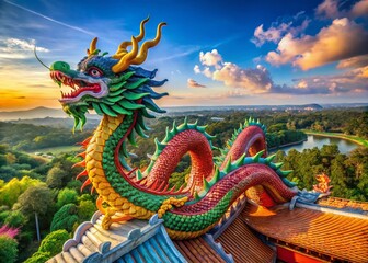 Fototapeta premium Vibrant Chinese Dragon Statue, Aerial Drone View, Colorful Temple Exterior, Asian Culture, Festive Decoration
