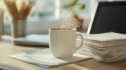 A steaming cup of coffee sits on a desk near a laptop, alongside a stack of papers, capturing a cozy workspace ambiance.