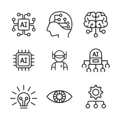 A series of icons for AI, including a robot, a person, and a computer