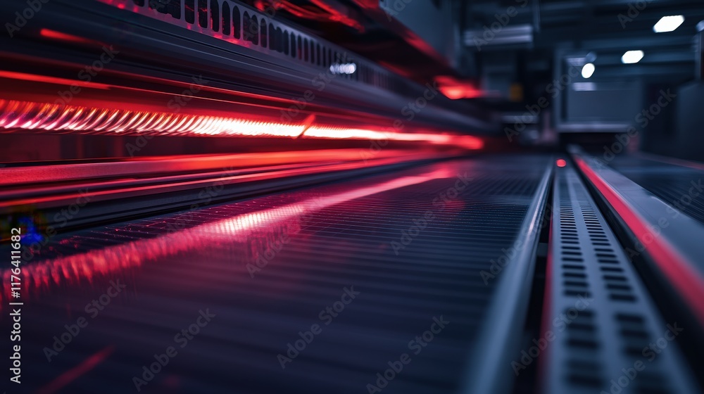 Poster abstract view of a high-tech manufacturing process featuring glowing red strips of light and industr