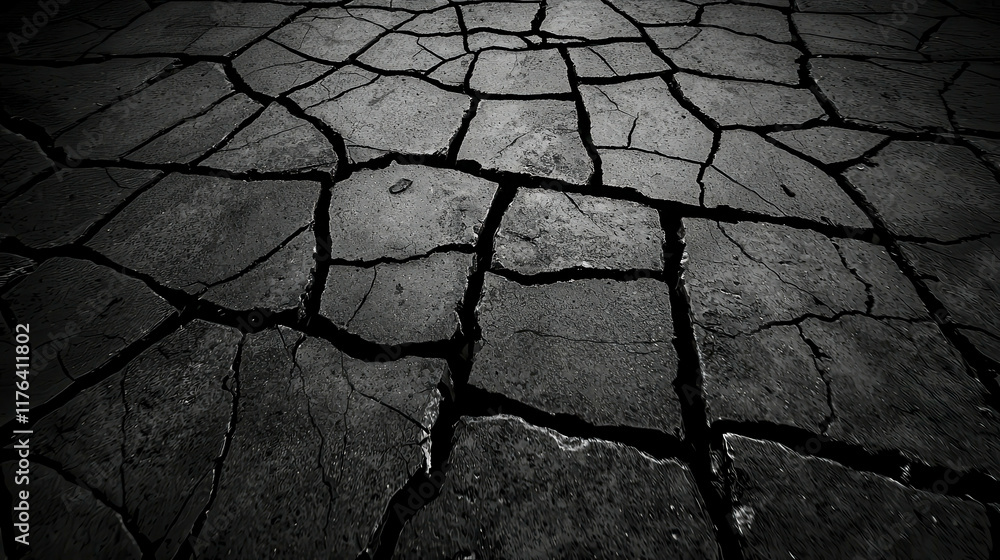 Poster detailed shot of cracked pavement with visible fractures and texture patterns