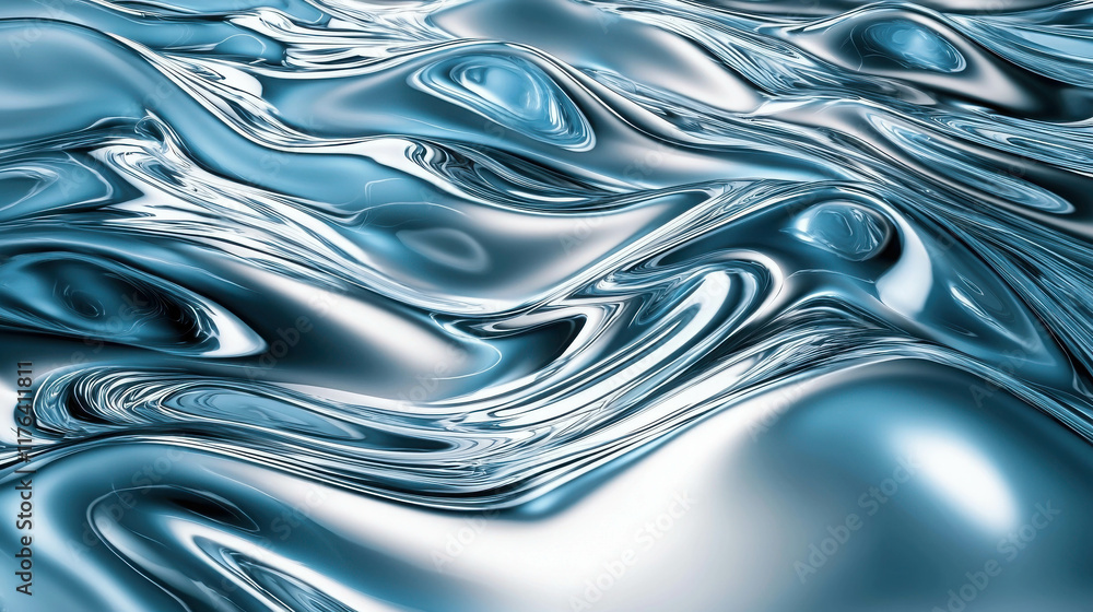 Poster fluid dynamic patterns in interconnected digital art with blue tones