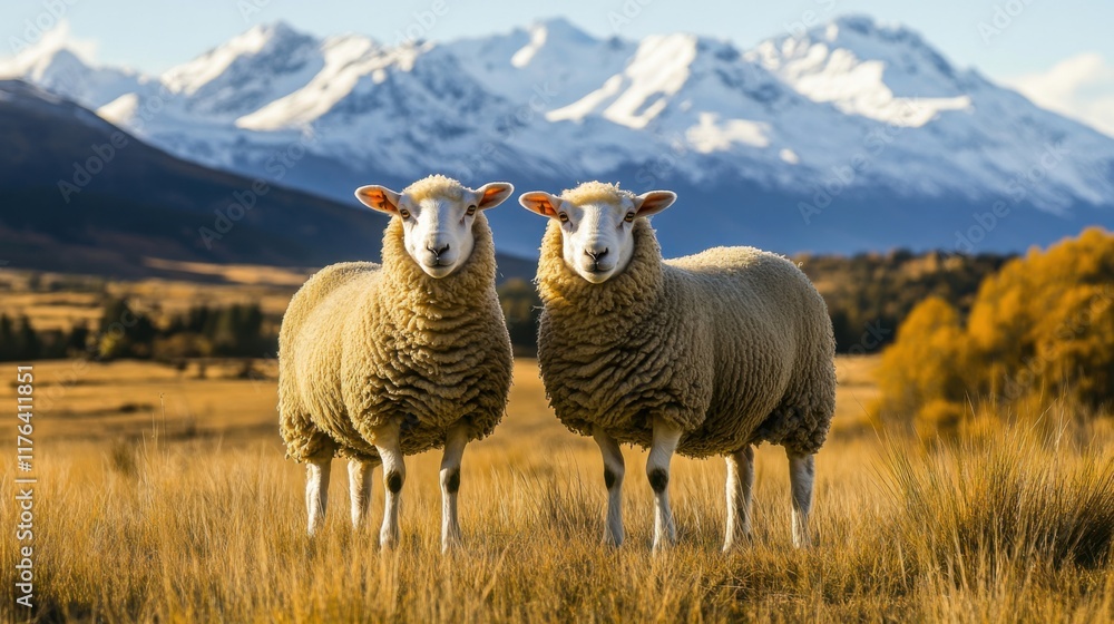 Poster two sheep standing in a field with mountains in the background