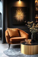 Art deco style interior design of modern living room with black wall and golden decor pieces. --ar 2:3 --s 250 --style raw