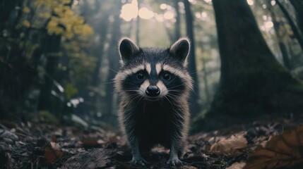 Fototapeta premium A curious raccoon stands in a misty forest, surrounded by trees and fallen leaves.
