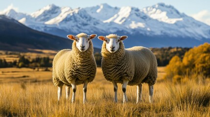 Fototapeta premium two sheep standing in a field with mountains in the background