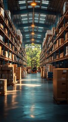 Naklejka premium A spacious warehouse filled with stacked boxes and a forklift, illuminated by natural light.