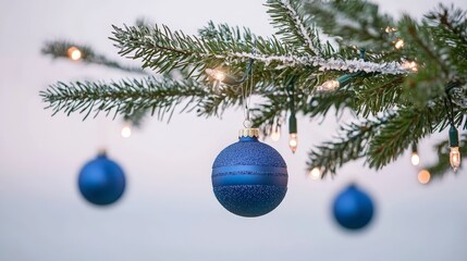 Sparkling Blue Christmas Ornament on Snowy Pine Branch with Lights
