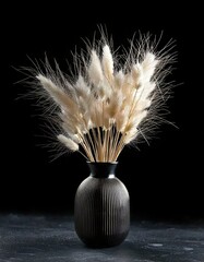 Decorative white dried flowers in a black vase