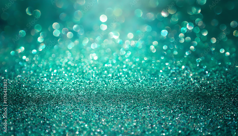 Poster a shimmering turquoise background with sparkling bokeh effects, creating a dreamy and enchanting atm