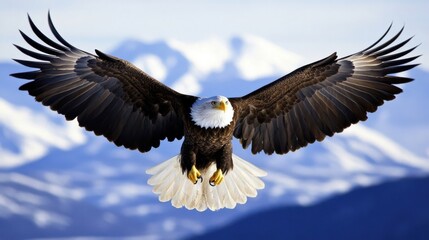 Obraz premium a bald eagle flying in front of a mountain range