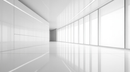 sleek white room with glossy walls and large windows, creating bright and modern atmosphere. minimalist design emphasizes spaciousness and tranquility
