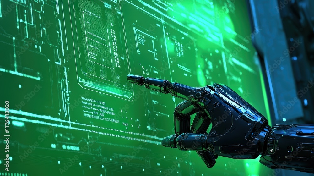 Poster futuristic robot hand pointing at digital screen with green graphics and data display in a high-tech