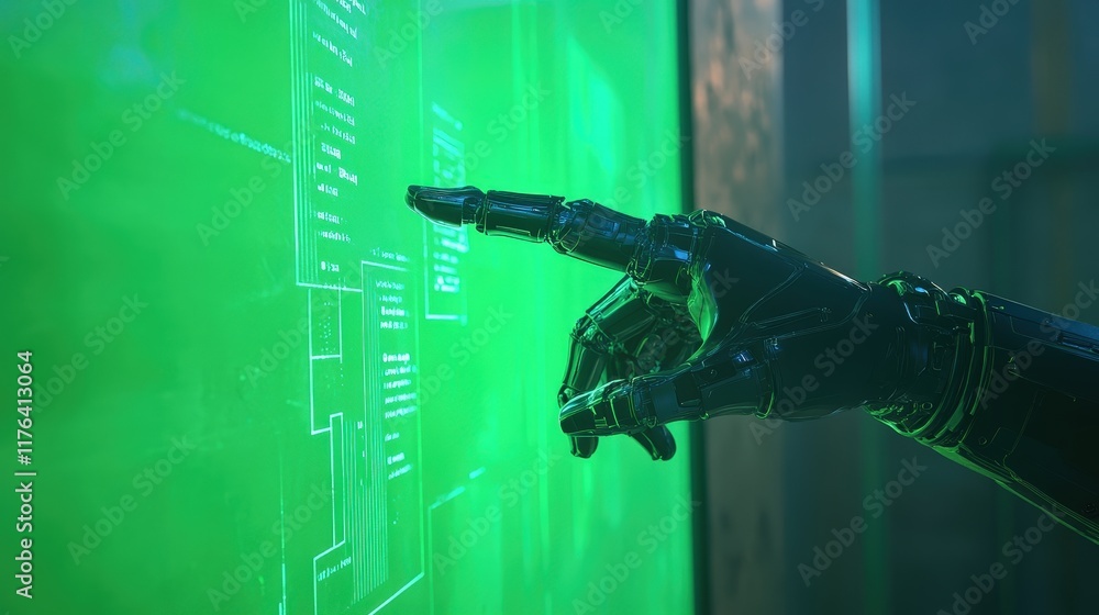 Poster futuristic robotic hand pointing at interactive green digital screen displaying data and information