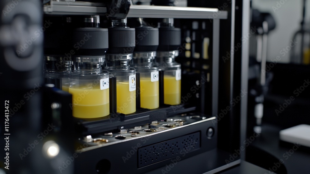 Poster advanced laboratory equipment for liquid analysis featuring multiple transparent containers and auto