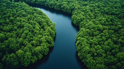Fototapeta premium Aerial view of a winding river surrounded by lush green forests, showcasing the beauty of nature.