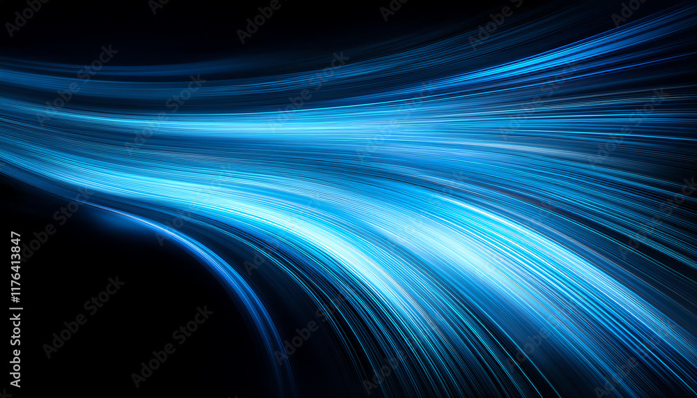 Poster a dynamic abstract image featuring flowing blue light trails against a dark background, conveying a 