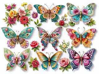 Vibrant Colorful Floral Butterflies Clipart Set - Isolated White Background