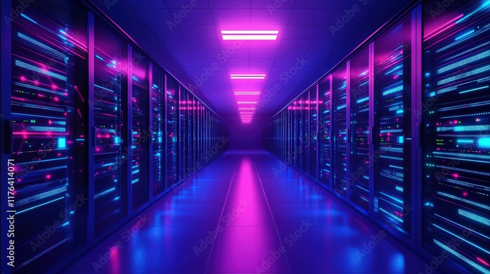 Poster futuristic abstract technology background with neon lines in data center environment displaying digi