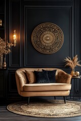 Art deco style interior design of modern living room with black wall and golden decor pieces. --ar 2:3 --s 250 --style raw