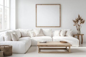 Spacious room with a refined sofa and dual poster frames casting interesting shadows.