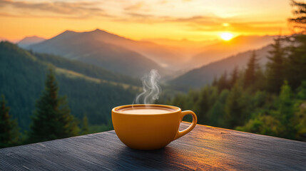 steaming cup of coffee on table with breathtaking mountain view at sunrise, creating serene and peaceful atmosphere