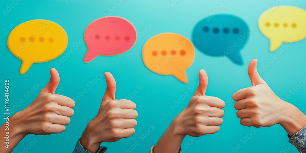 Poster multiple hands showing thumbs-up gestures with colorful speech bubbles in the background on a blue s