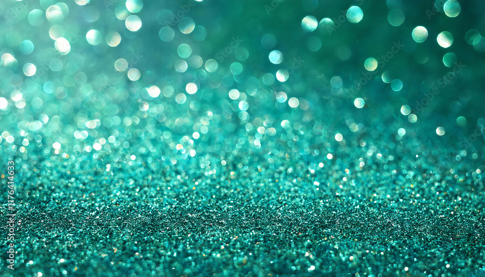 Poster a shimmering teal background filled with sparkling lights, creating a magical and vibrant atmosphere