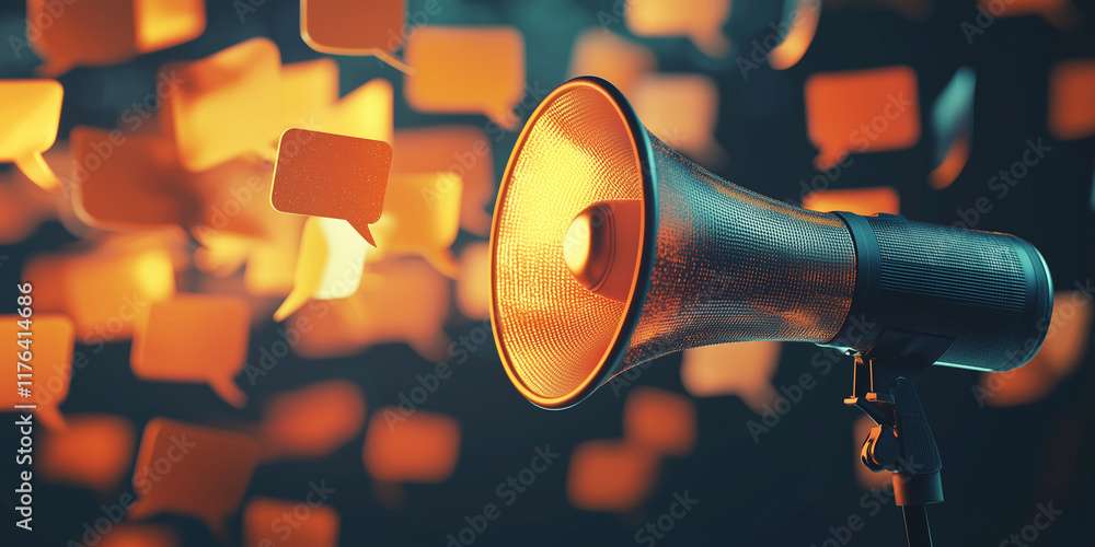Poster a glowing orange megaphone emitting speech bubbles, surrounded by abstract bokeh and dark vibrant to