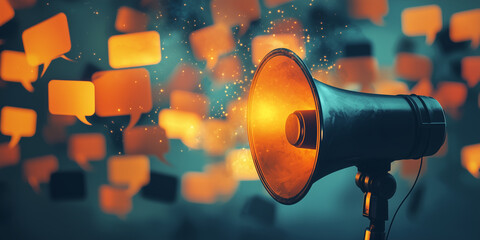A glowing orange megaphone surrounded by speech bubbles, symbolizing communication and powerful expression.