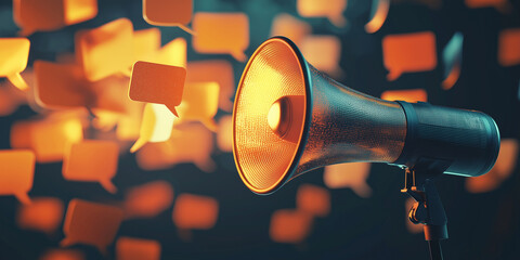 A glowing orange megaphone emitting speech bubbles, surrounded by abstract bokeh and dark vibrant tones, symbolizing communication and messaging